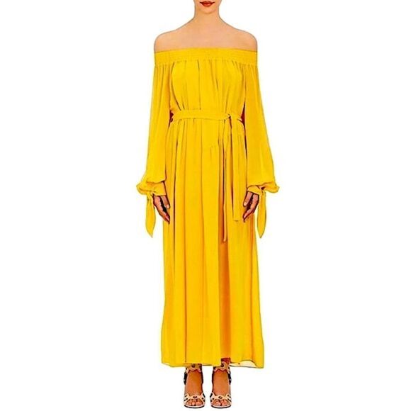 Derek Lam Saffron Yellow Silk Georgette Off Shoulder Midi Dress Sz 2 - Picture 10 of 11
